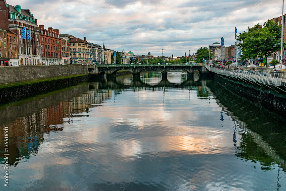Overlooking Dublin's River Liffey from Millenium bridge at sunse