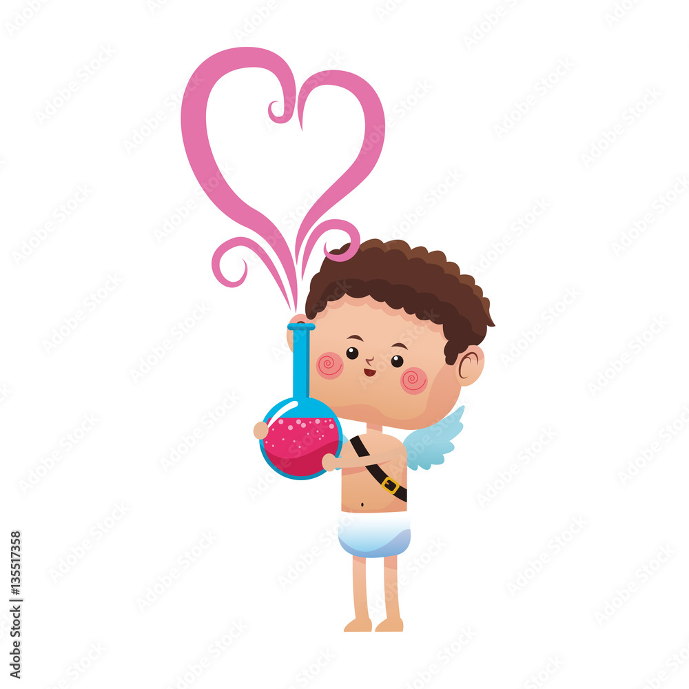 baby cupid holding a potion of love with heart icon over white background. colorful design. vector illustration baby cupid holding a potion of love with heart icon over white background. colorful design. vector illustration