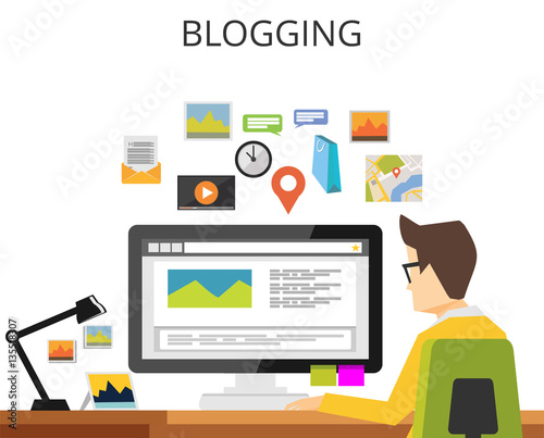 Blogger writing article. Blogging concept. Blog concept. Internet contents..