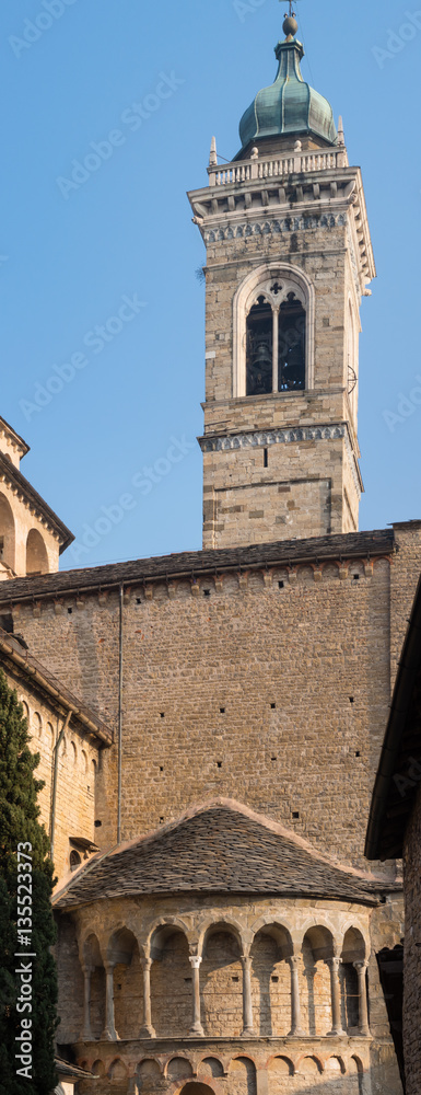 Fototapeta premium Bergamo - Old city (Citta Alta). One of the beautiful city in Italy. Lombardia. The bell tower and the dome of the Cathedral called Santa Maria Maggiore, north wing