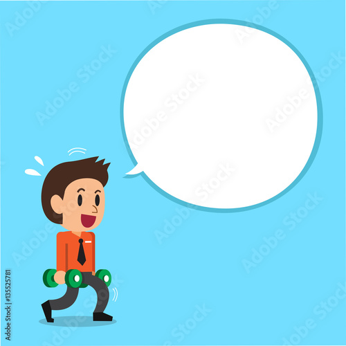 Cartoon businessman doing dumbbell lunge training with white speech bubble