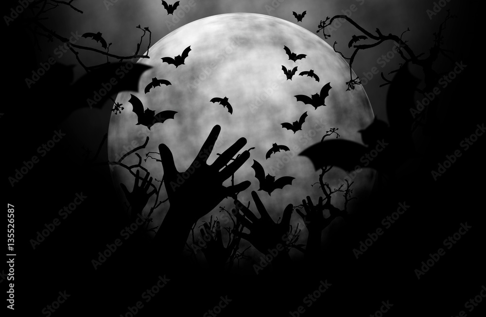 Moon in hand zombies and bat night scary.