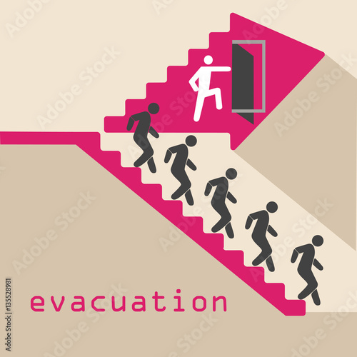 evacuation. stairs, door traveling people