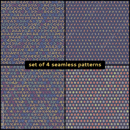Set of 4 geometric seamless patterns. Abstract geometric element on a dark background. Modern design. For design Wallpaper, background, cards, banners, flyers.