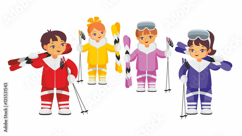 Girls and boys in multi-colored ski suits. Vector illustration on a white background.
