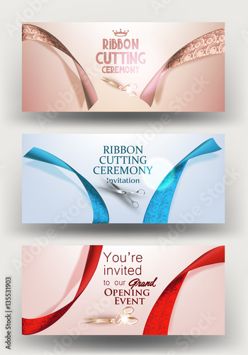 Set of grand opening invitation cards with silk ribbons and scissors. vector illustration
