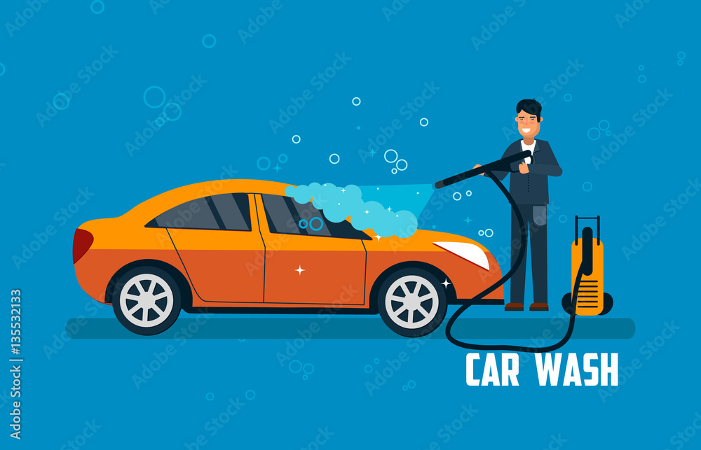 Car wash banner. Man washing car vector illustration. Car wash concept