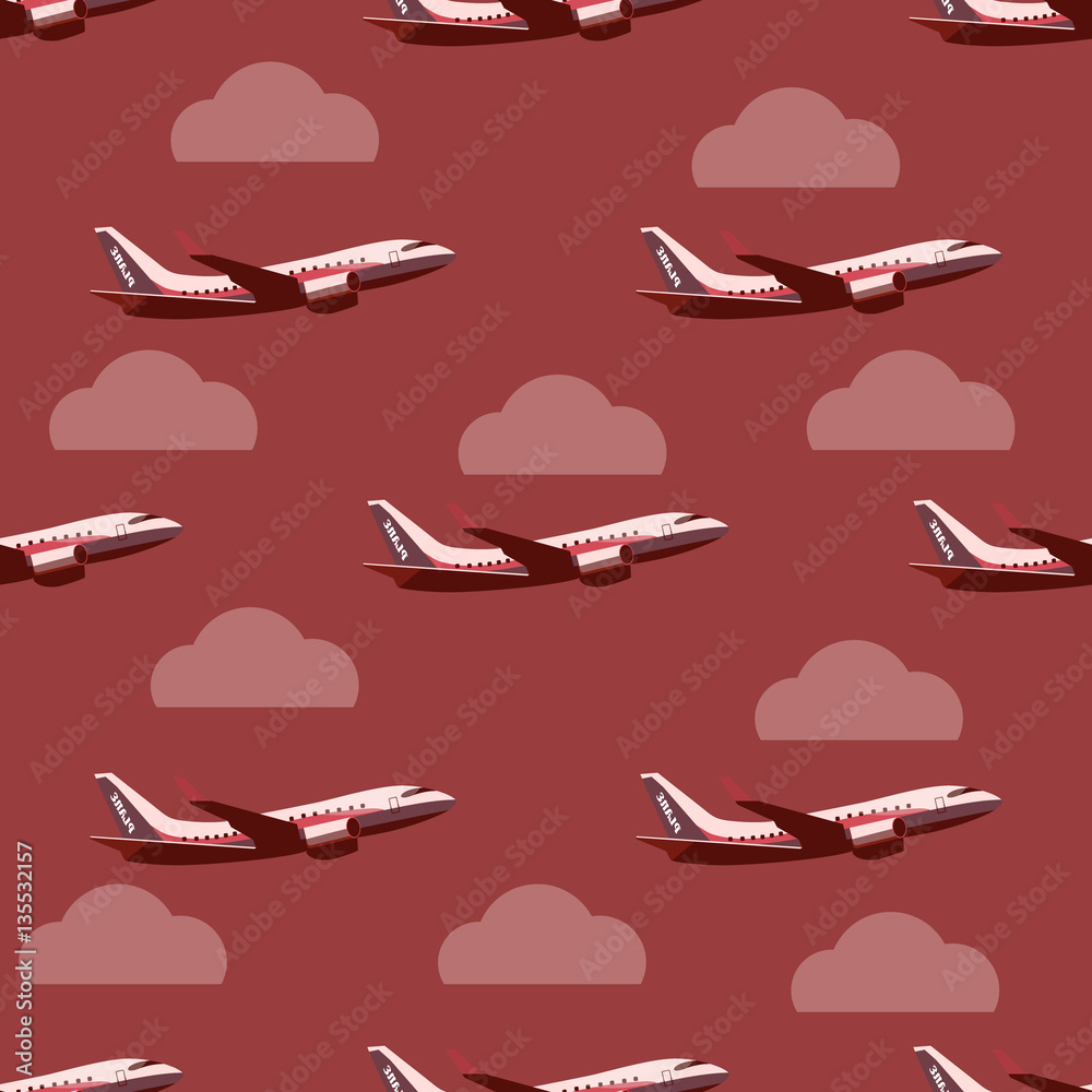 Plane in the sky seamless pattern. Vector background with planes and clouds. Backdrop in flat style.
