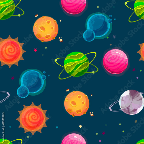 Fantasy planet pattern. Vector concept illustration in flat style. Seamless background with different planets, sun and stars. Creative cosmic backdrop.