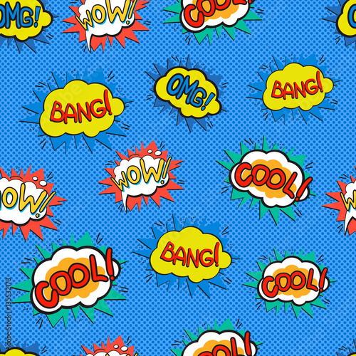 Pop art logo pattern. Creative background with comic speech bubbles. Pop art style background. Seamless vector background.