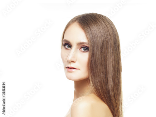 Beauty close-up portrait of beautiful, fresh and healthy girl. Human face isolated on white.