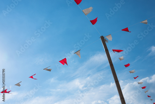 Old triangle flags hung across the blue sky.