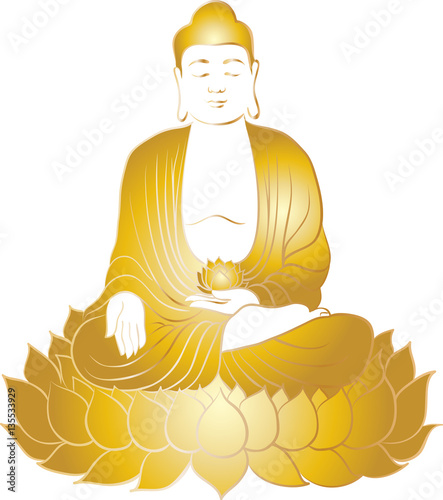 Drawing of a Buddha statue. Art vector illustration of Gautama - gold line art on a white background. Buddhism Religion
