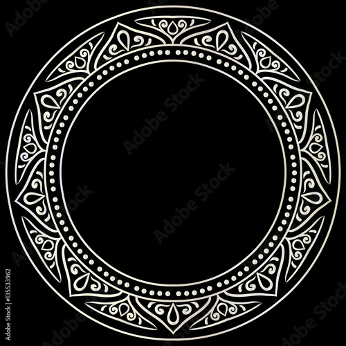 drawing of a round silver gradient frame  with floral ornament on a black background