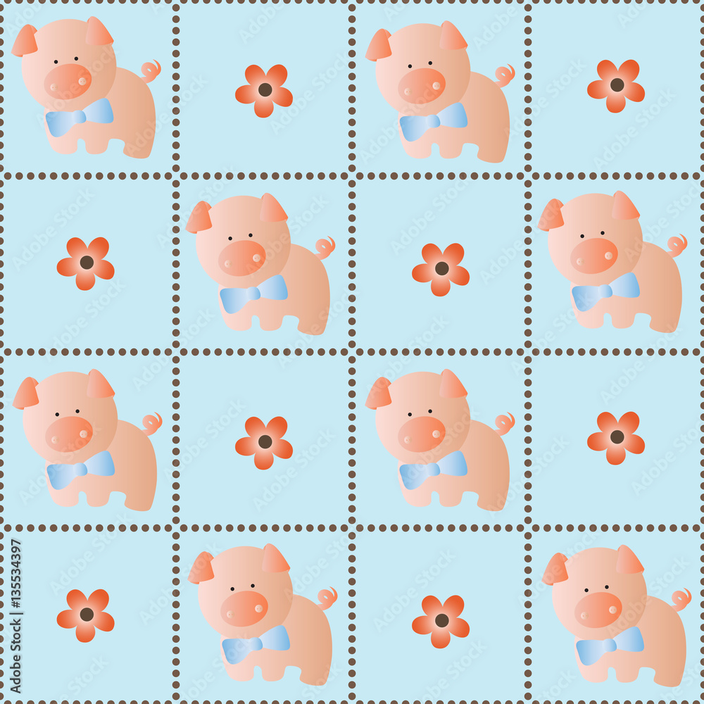 seamless pattern with toy baby pig and green leaves on a light blue background seamless pattern with toy baby pig and green leaves on a light blue background