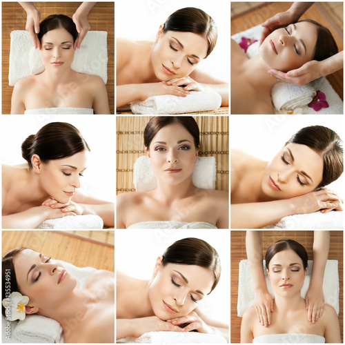 Collection of photos with women having different types of massage. spa, wellness, health care and aroma therapy collage.