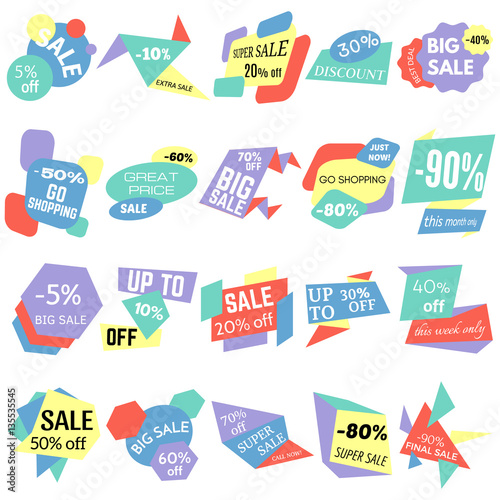 Set of Sale Discount Labels, Tags, Emblems. Web collection of stickers and badges for sale. Isolated vector illustration. 