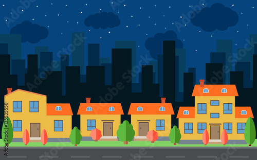 Vector night city with cartoon houses and buildings. City space with road on flat style background concept. Summer urban landscape. Street view with cityscape on a background
