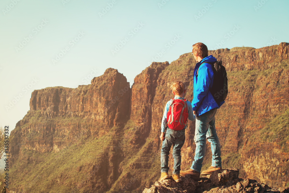 father and son hiking in scenic mountains