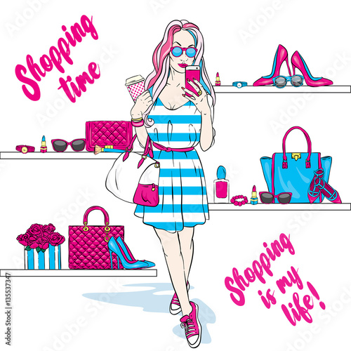 Beautiful girl goes shopping in stylish dress and sneakers. Fashionable clothing and accessories, shoes, handbags, sunglasses and perfume. Vector illustration for a card or poster. Print on clothes