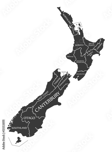 Quadro em tela New Zealand Map labelled black
