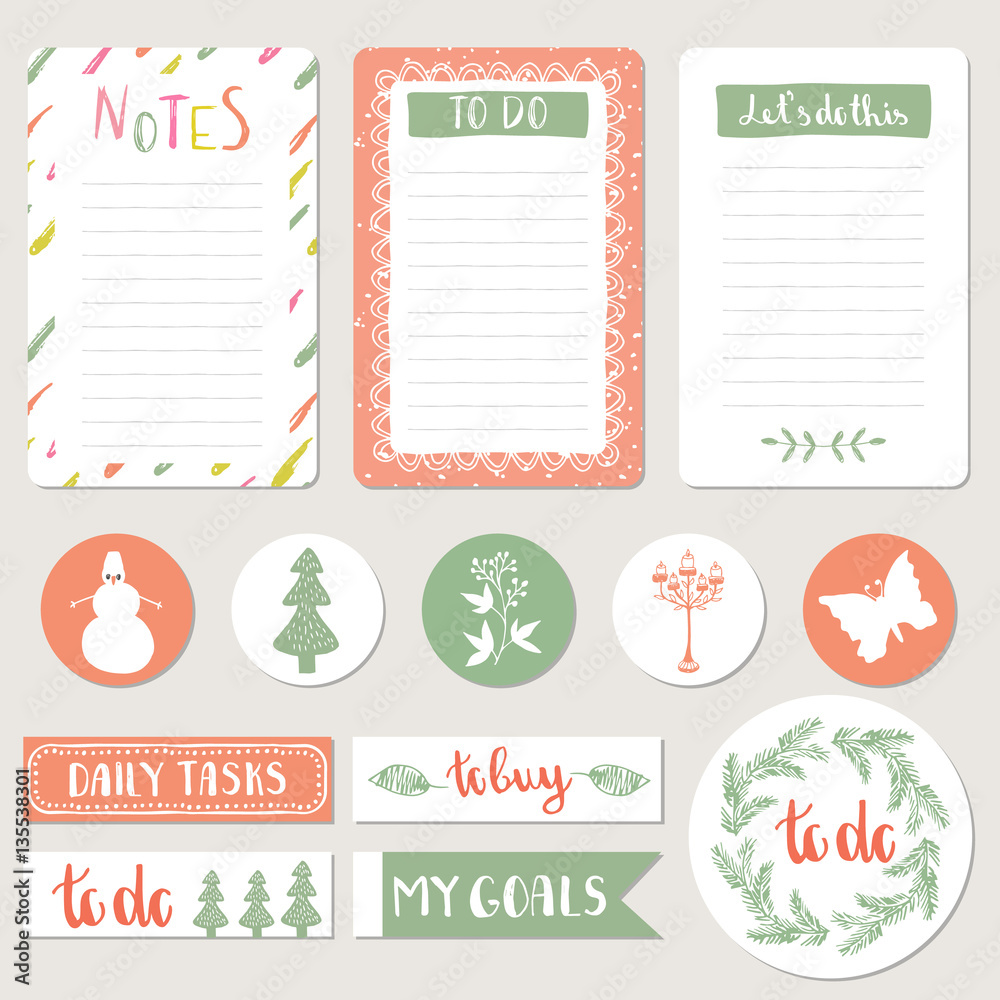 Notepad, stickers and tags for agenda. Set of scrapbook tags. Vector illustration. Isolated.