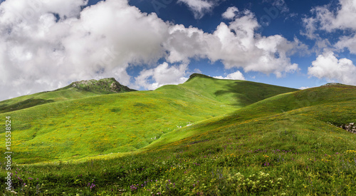 Summer or spring landscape with green hills and trees in mountains