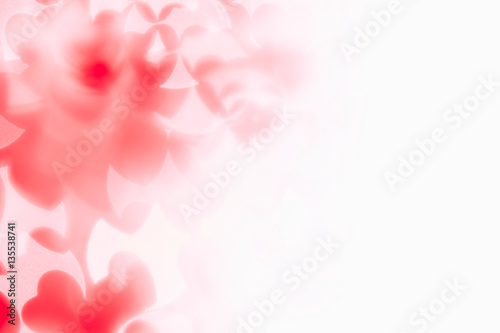  Valentine's day abstract background of soft red, white bokeh blur hearts. Festive valentine backdrop.