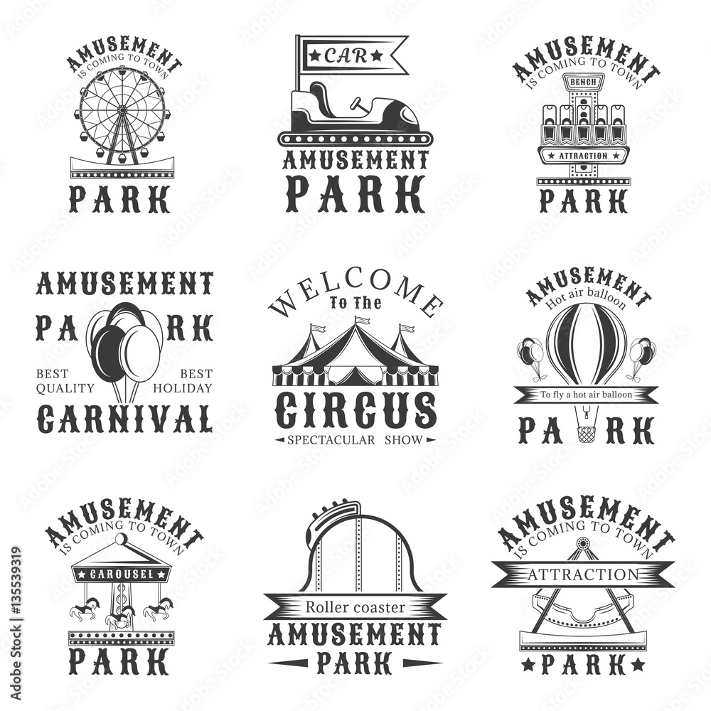 Amusement park set of vector vintage emblems, labels, badges and logos in monochrome style on white background. Amusement park, carnival, attraction design elements
