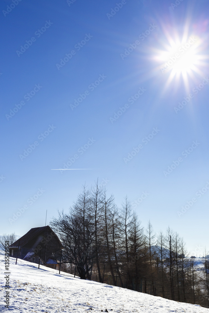 Fototapeta premium beautiful landscape with the sun shining winter day in the mount