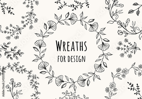 Collection of beautiful flower wreaths. Vector. Isolated.
