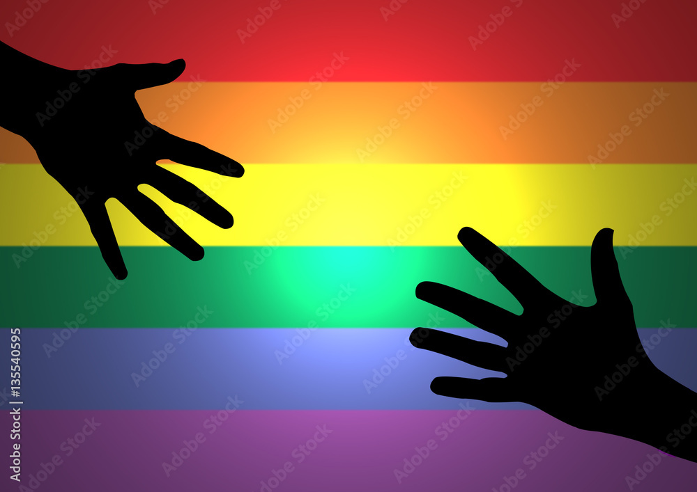 mains tendues devant le drapeau homosexuel mains tendues devant le drapeau homosexuel