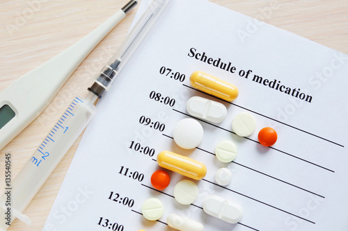 Disease and cure. Timetable of medication for a day with various pills