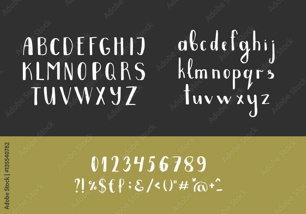 Set of handwritten latin letters. Vector script font. White alphabet isolated on black background.