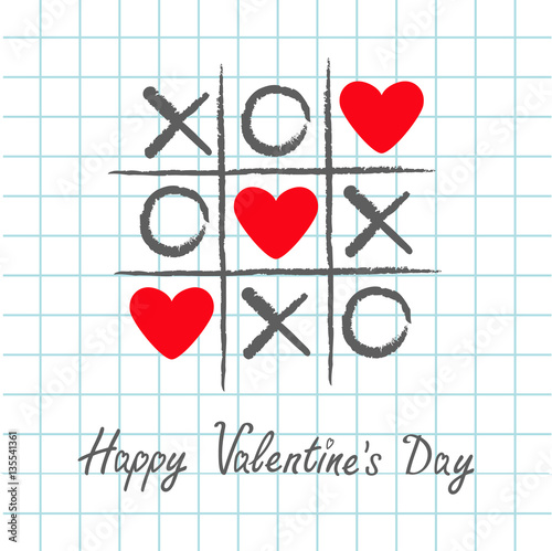 Tic tac toe game with criss cross and three red heart sign mark XOXO. Hand drawn pen brush. Doodle line. Happy Valentines day card Flat design. Exercise book background. Paper sheet.