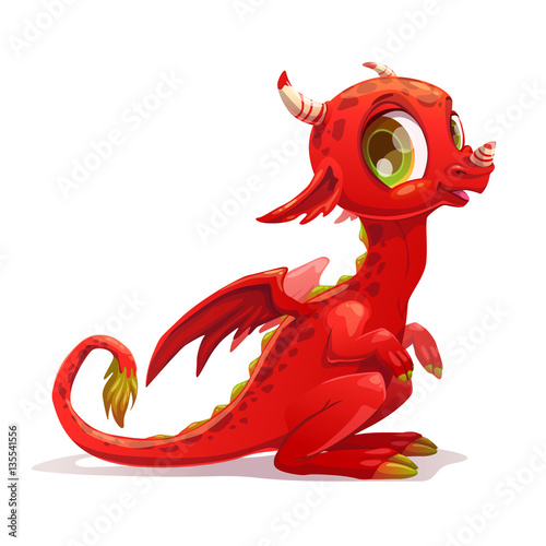 Valokuva Funny cartoon little red sitting dragon.