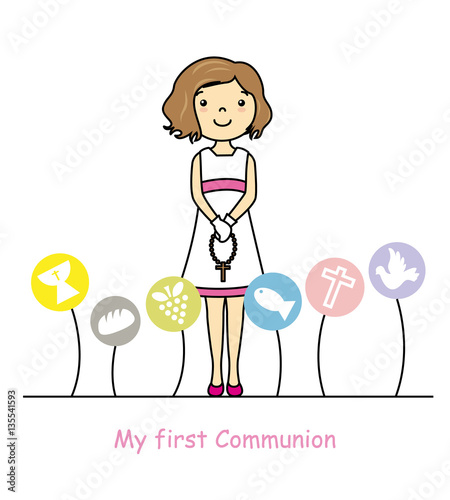my first communion girl. Girl with communion suit and religious icons