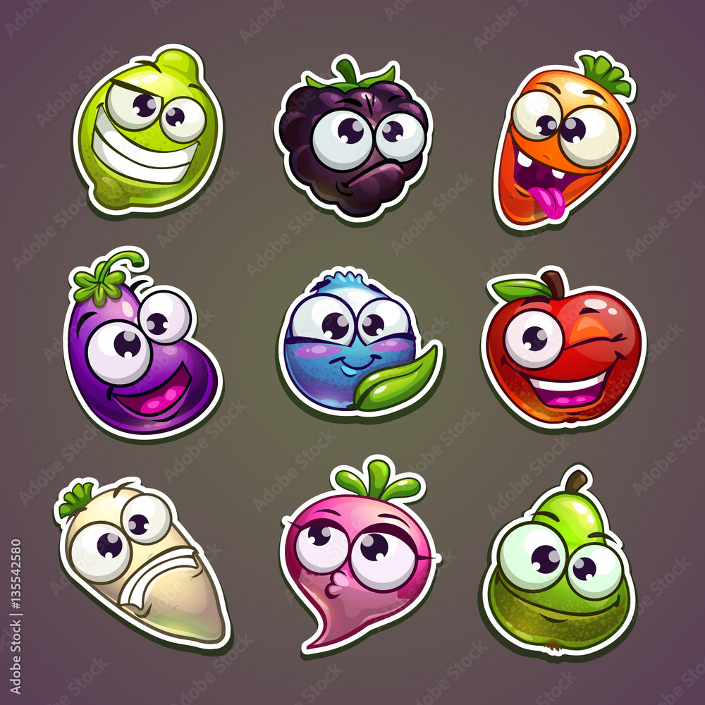 Fototapeta premium Funny plant characters stickers set.