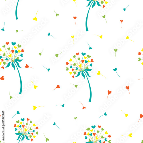 Vector stylized background dandelion in the form of hearts. The flower symbolizes love, friendship and acceptance. Floral seamless pattern.