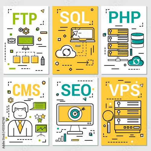 Six vertical banners of programming concepts