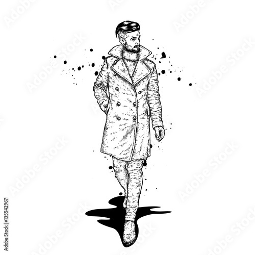 Stylish man in a coat and trousers. Vector illustration. Fashion   Style. Clothes and accessories.