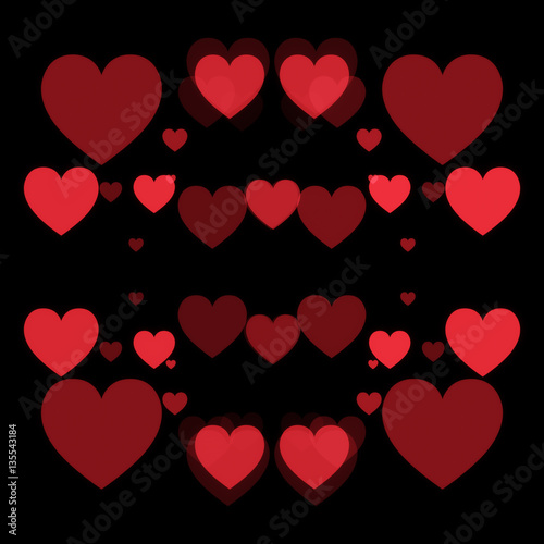red hearts and black background, abstract shapes
