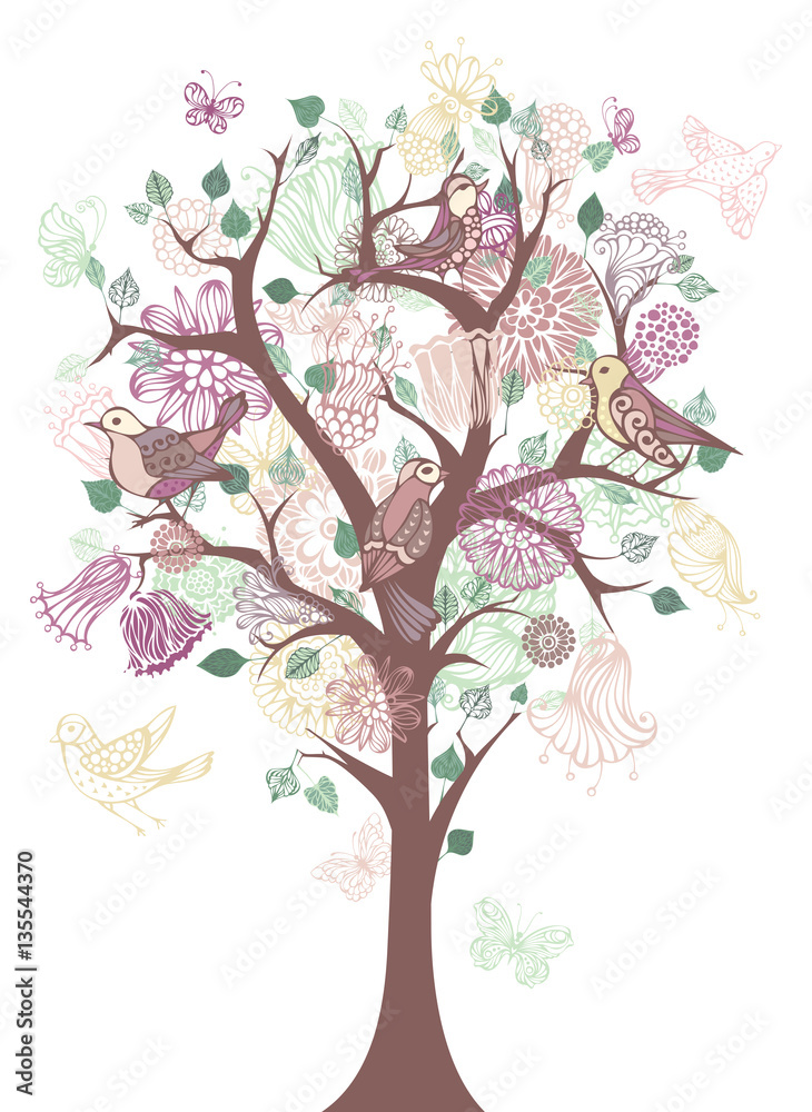 Tree with flowers and birds.