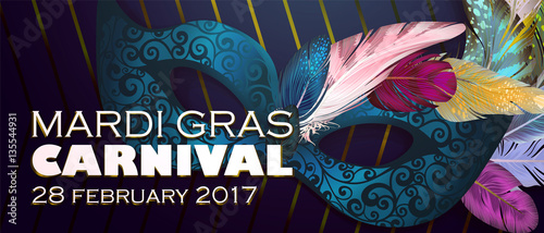 Realistic carnival mask wather for Mardi Gras invitation flyers, web banner, separated editable elements under mask. Vector illustration,colorful background. Mardi Gras Carnival 28 february 2017