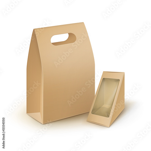 Vector Set of Brown Blank Cardboard Rectangle Triangle Take Away Handle Lunch Boxes Packaging For Sandwich, Food, Gift, Other Products with Plastic Window Mock up Close up Isolated on White Background