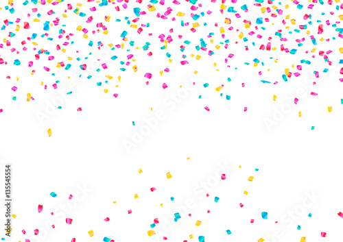 Colorful Confetti and serpentine set, bright colorful background, editable elements, cute and fun decoration. Isolated on white. Vector illustration for celebration, party, carnival, festive holiday..