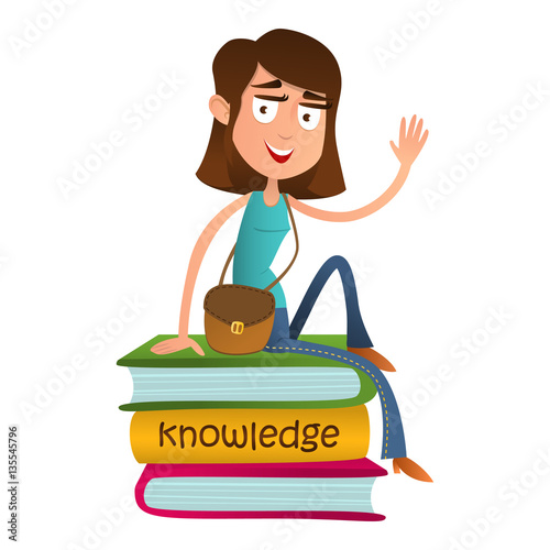 Cute girl teenager sitting on a pile of books and waving. flat style vector illustration isolated on white background. Smart kid