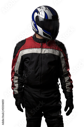 Man wearing a protective leather and textile racing suit for race cars and motorcycle motor sports.  The gear is armored with a helmet and worn by bikers and professional drivers.
