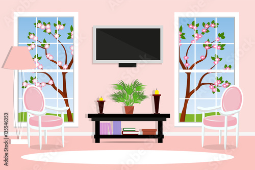 Interior living room spring landscape outside the window . Bright and cozy room. Vector illustration. © molnia26