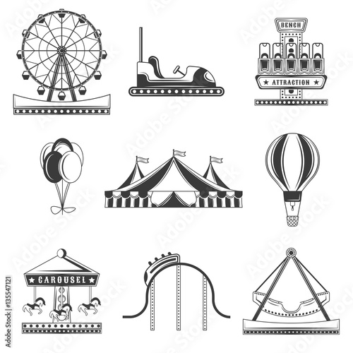 Set of amusement park monochrome icons, design elements isolated on white background. Flat style.